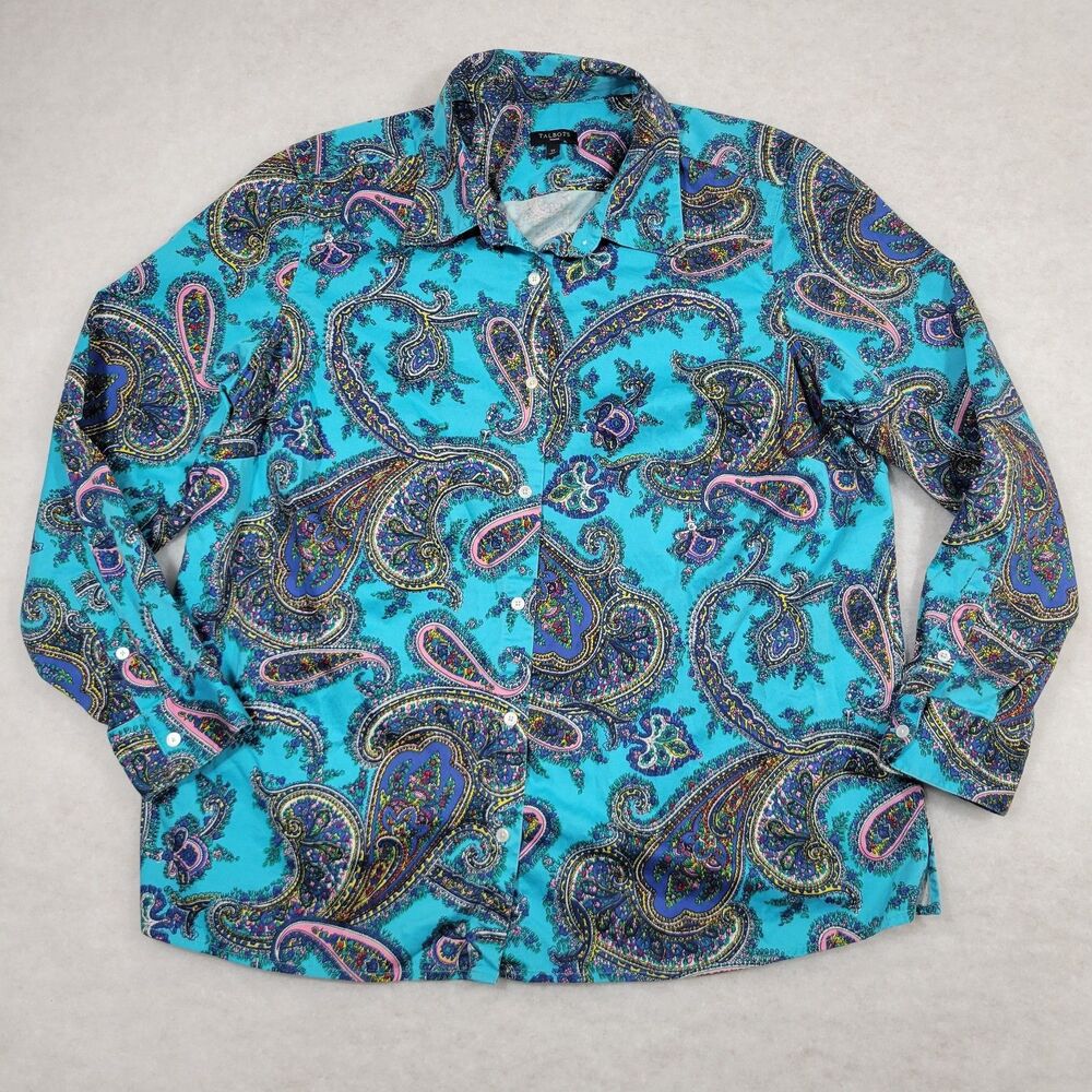 Talbots Paisley Button Shirt 1X Blue Long Sleeve Stretch Cotton Blue (3088)